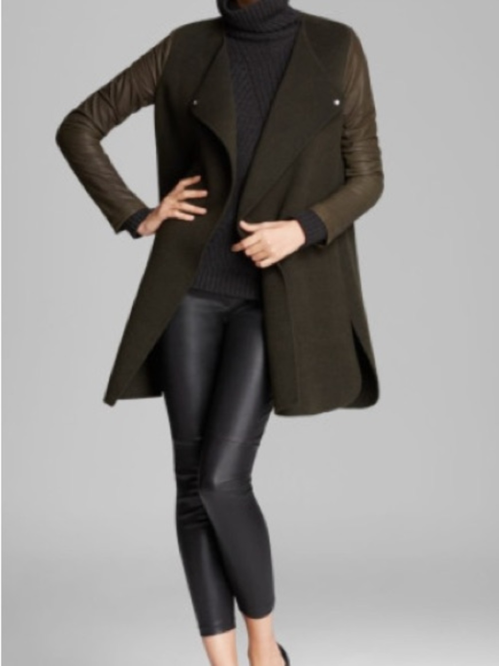 Vince Olive Green Wool Leather Trench Coat